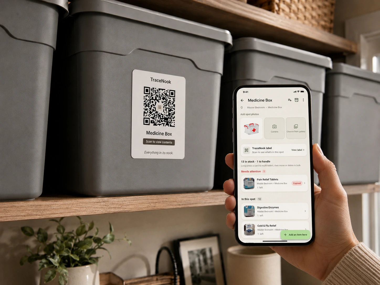 A TraceNook QR label on a storage bin; scanning it shows the bin's item list on the phone
