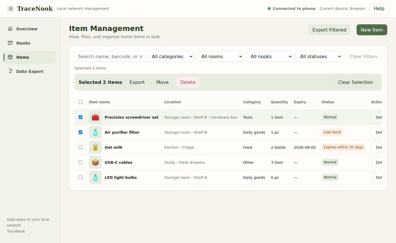 TraceNook desktop item management with filters, bulk actions and item details