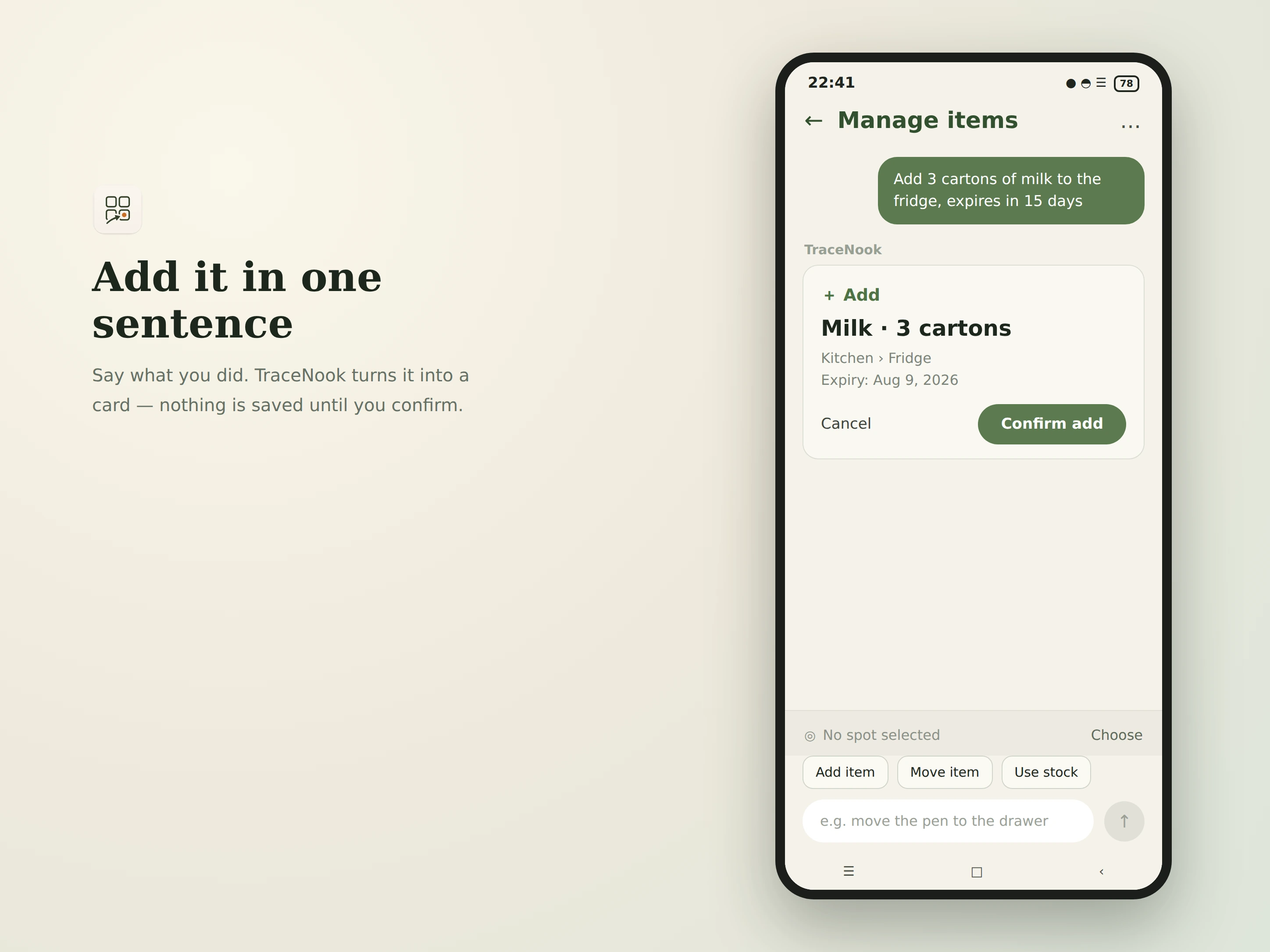 After a one-sentence entry, TraceNook separates the item name, quantity, location and expiry for confirmation
