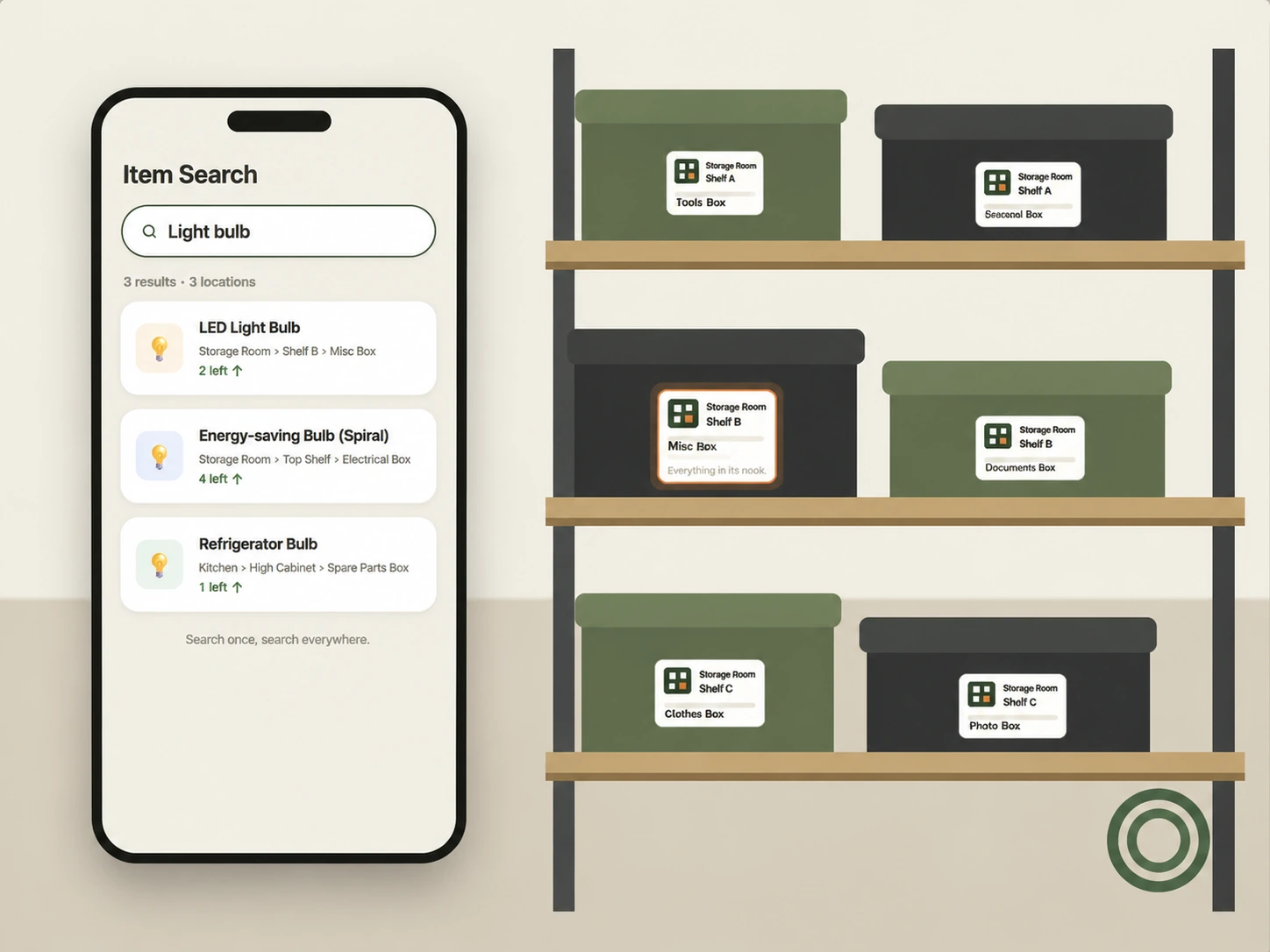 Searching “light bulb” on the phone lists each item with its full location path