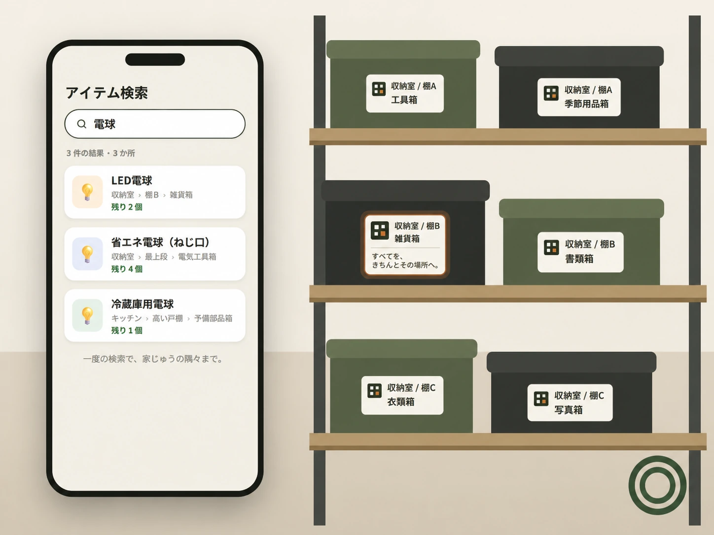 スマホで「電球」を検索すると、各アイテムが完全な置き場所パスつきで一覧表示される